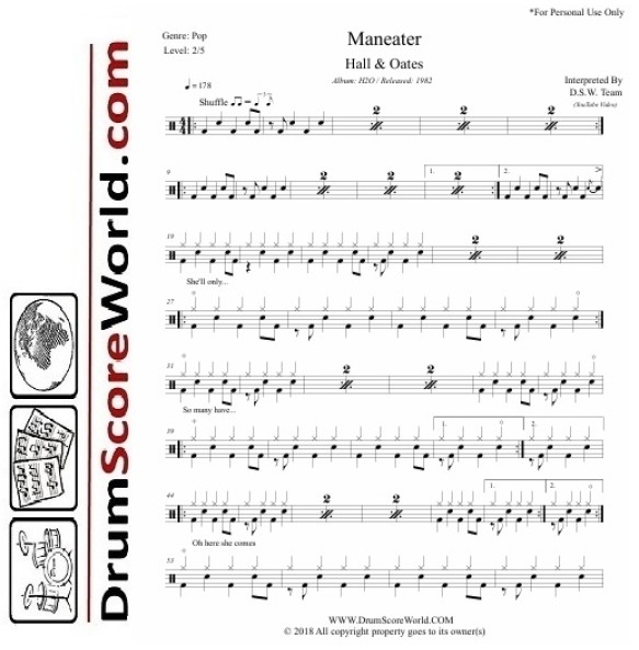 Hall and Oates - Maneater  - Drum Sheet + Play-Along Track